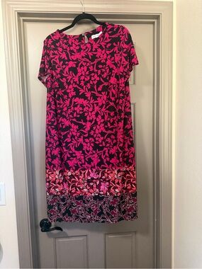 Sabina Black and Hot Pink Floral Border Midi Dress PLUS SIZE 1X